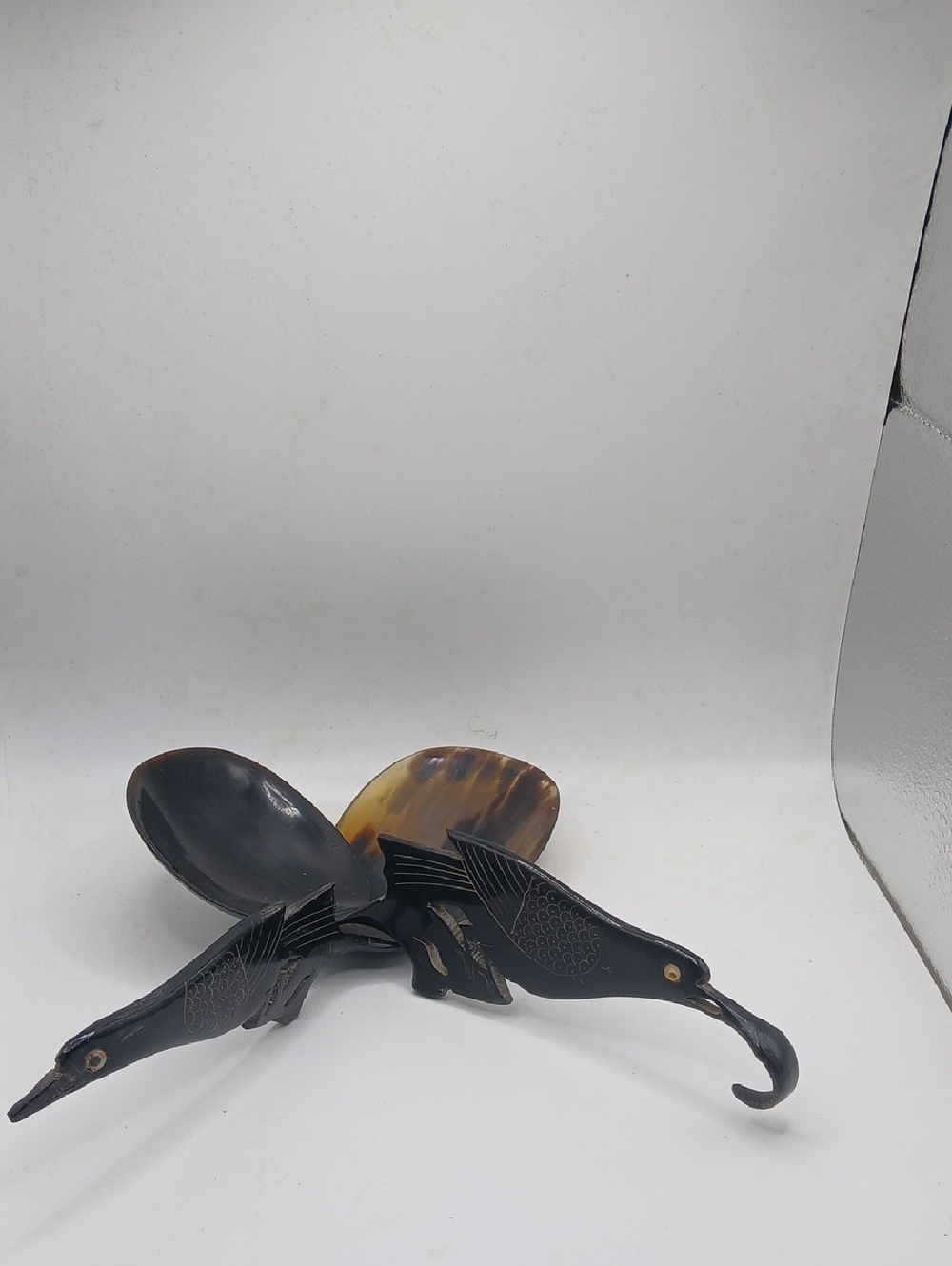 Carved Wooden Bird Salad Spoon Set in Dark Brown and Horn Accent